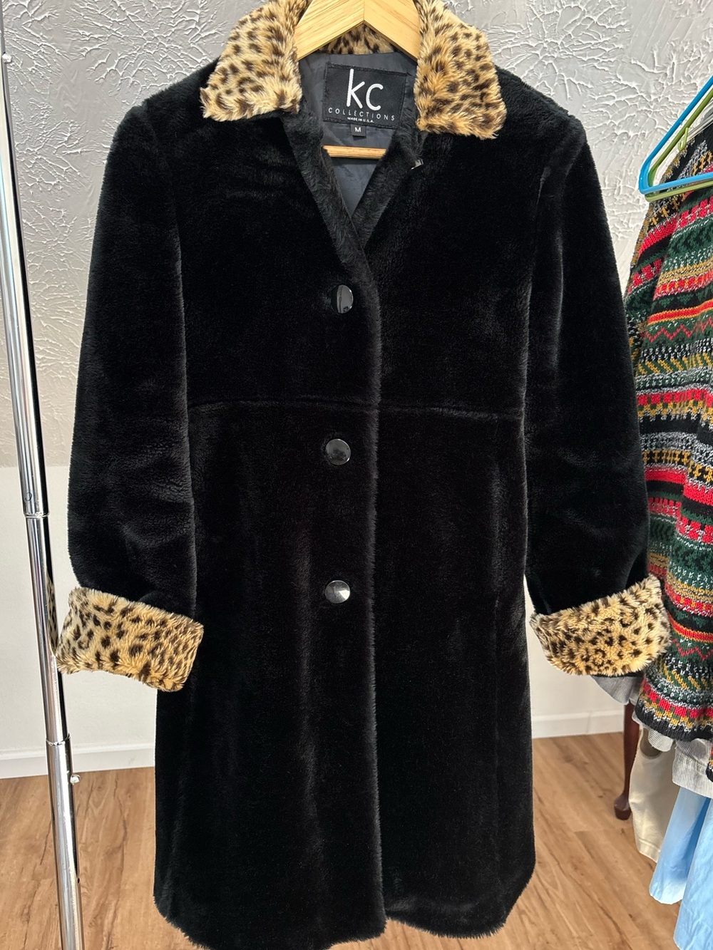 Vintage faux fur peacoat with leopard print collar and cuffs. KC Collections MED